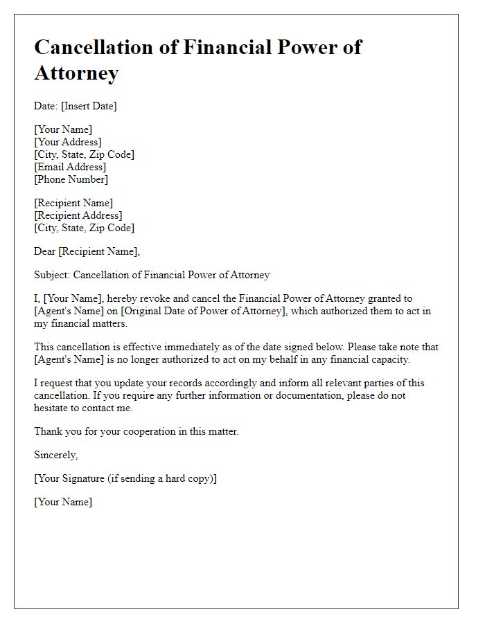 Letter template of financial power of attorney cancellation