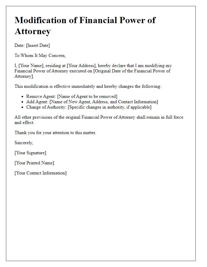 Letter template of financial power of attorney modification