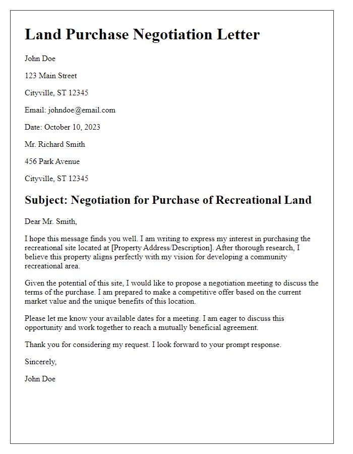 Letter template of land purchase negotiation for recreational site