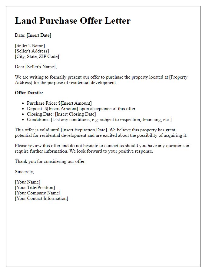 Letter template of land purchase offer for residential development