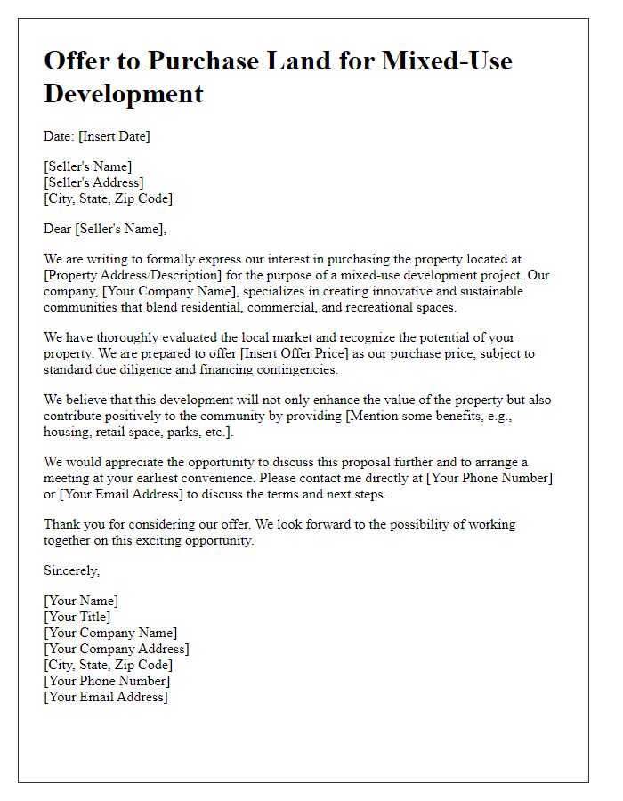 Letter template of offer to buy land for mixed-use development