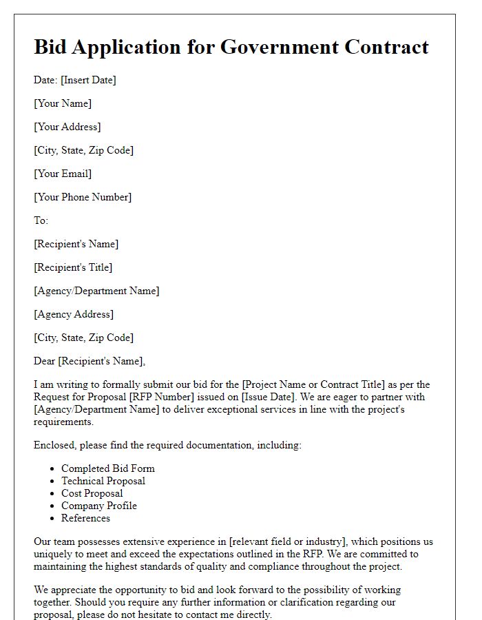 Letter template of government contract bid application