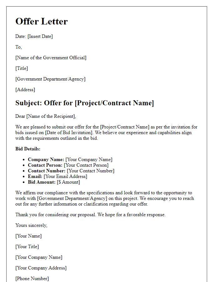 Letter template of offer letter for government contract bidding