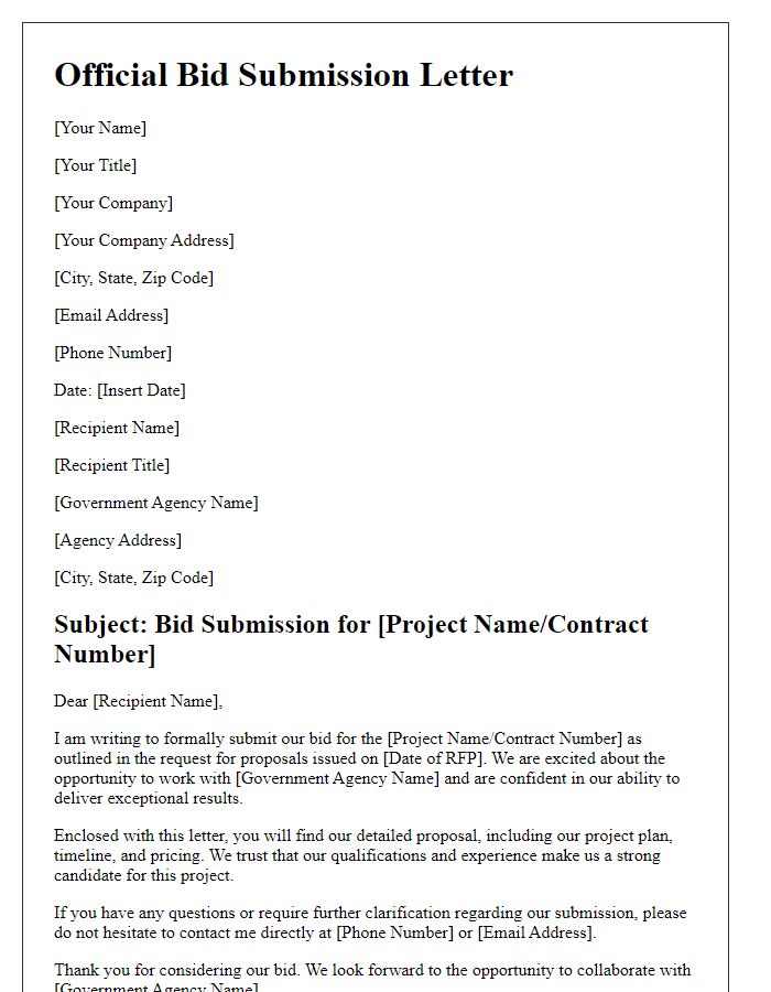 Letter template of official government contract bid submission