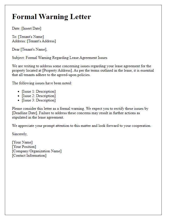 Letter template of formal warning for lease agreement issues