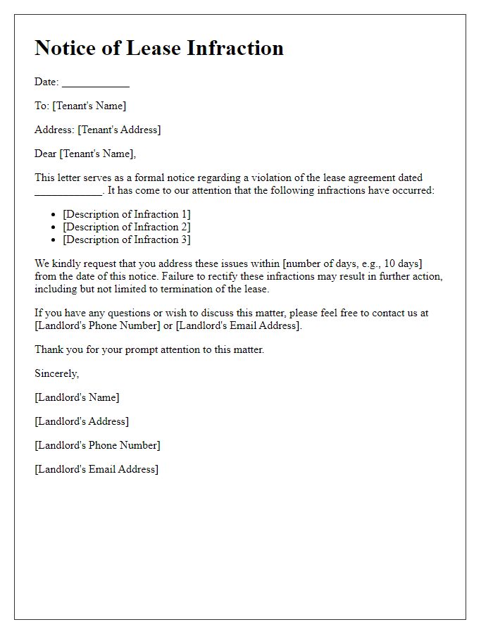 Letter template of notice regarding lease infractions