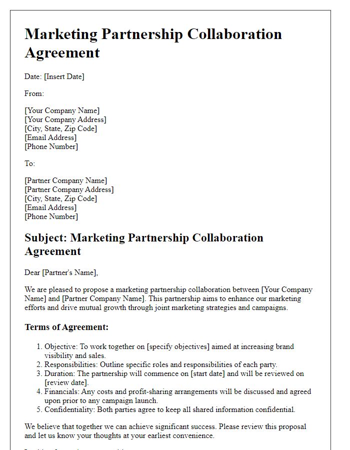 Letter template of agreement for marketing partnership collaboration