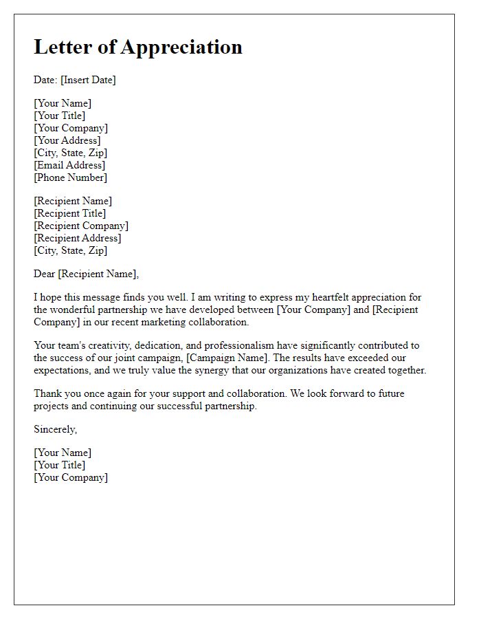 Letter template of appreciation for marketing partnership collaboration