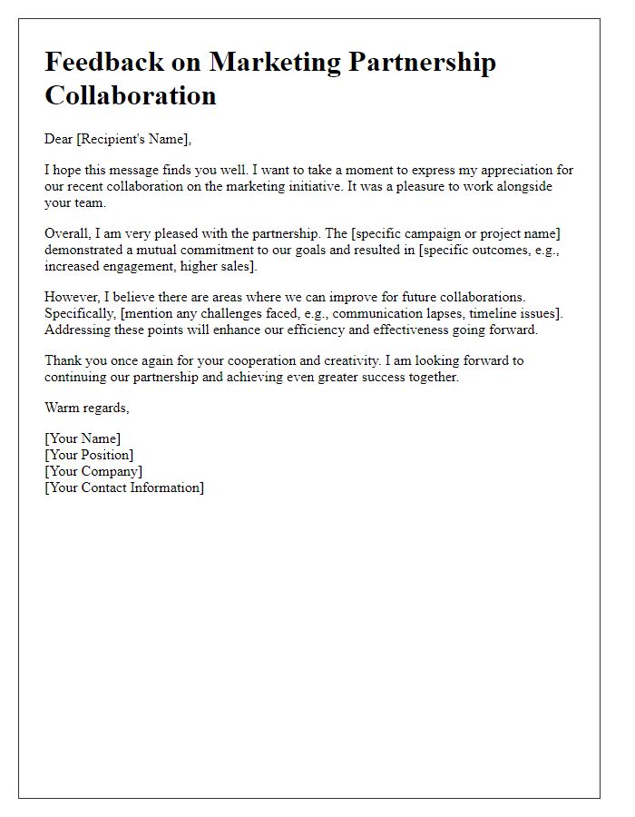 Letter template of feedback for marketing partnership collaboration