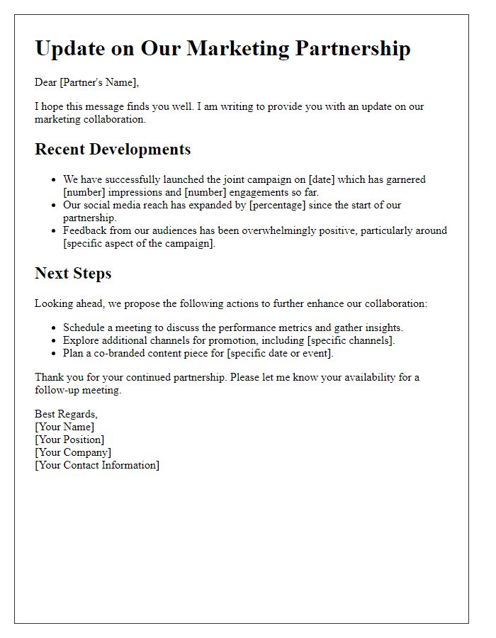 Letter template of update for marketing partnership collaboration