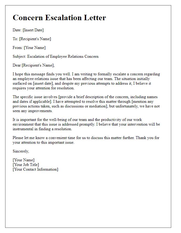 Letter template of concern escalation for employee relations.