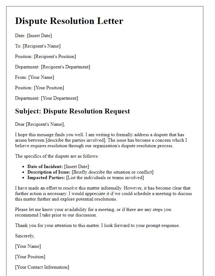 Letter template of dispute resolution within the organization.