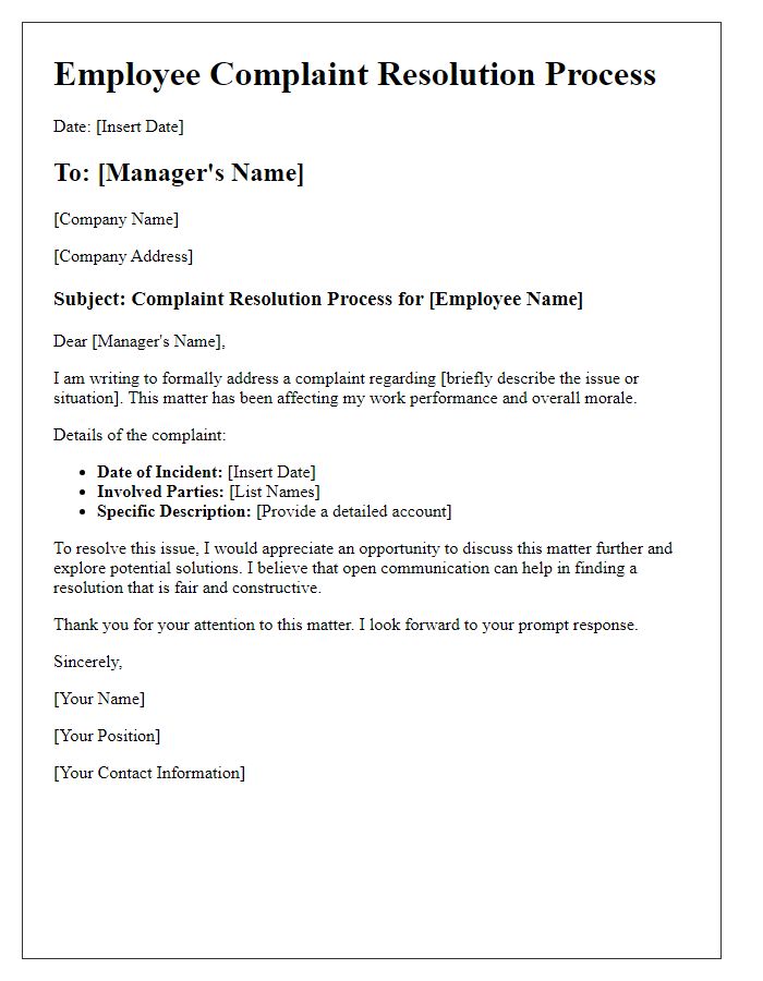 Letter template of employee complaint resolution process.