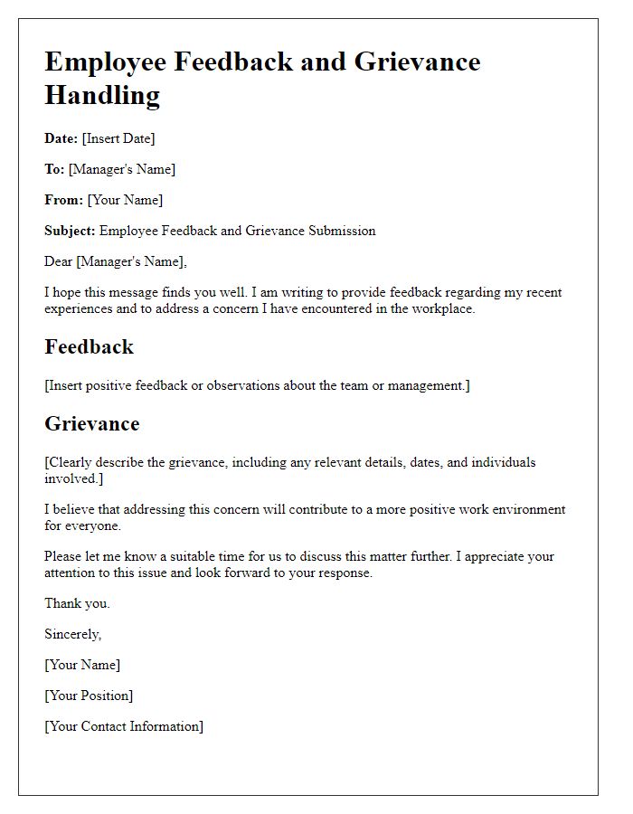 Letter template of employee feedback and grievance handling.