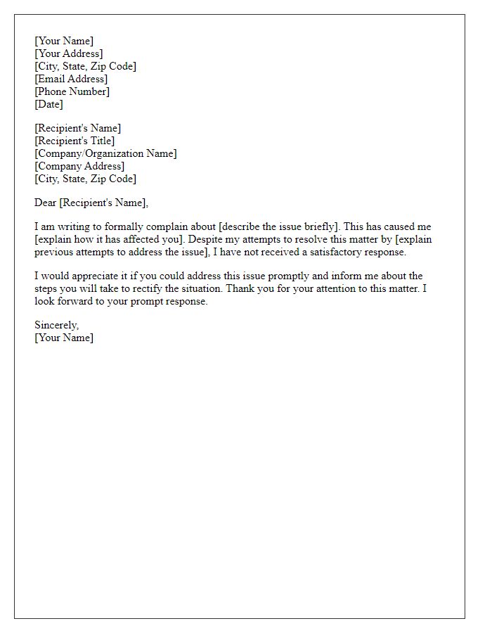 Letter template of formal complaint addressing.