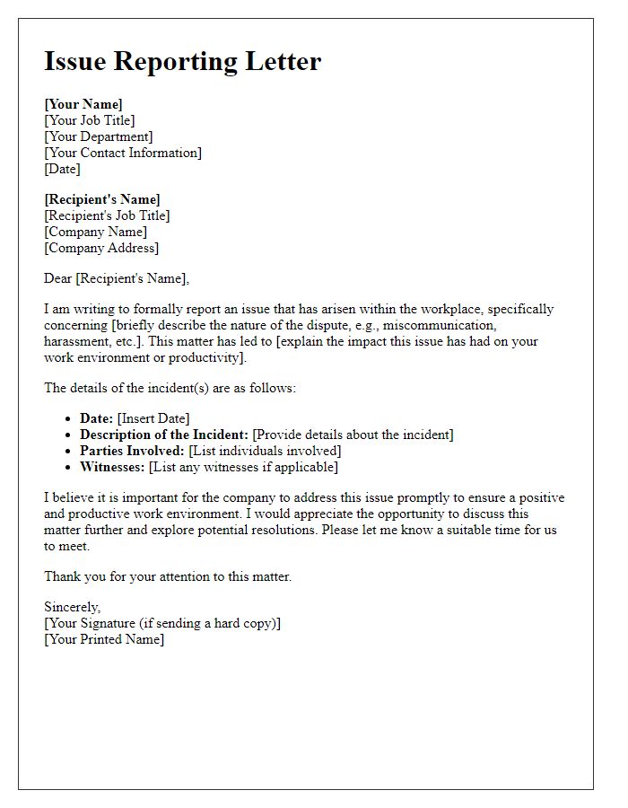 Letter template of issue reporting for workplace disputes.