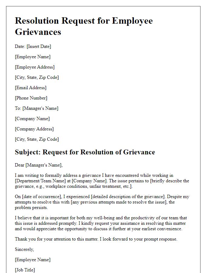 Letter template of resolution request for employee grievances.