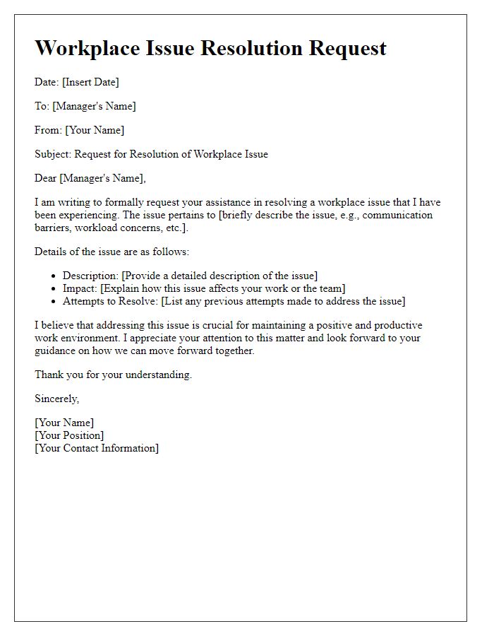 Letter template of workplace issue resolution request.