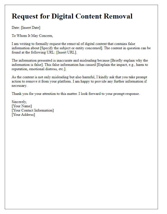 Letter template of digital content removal for false information.