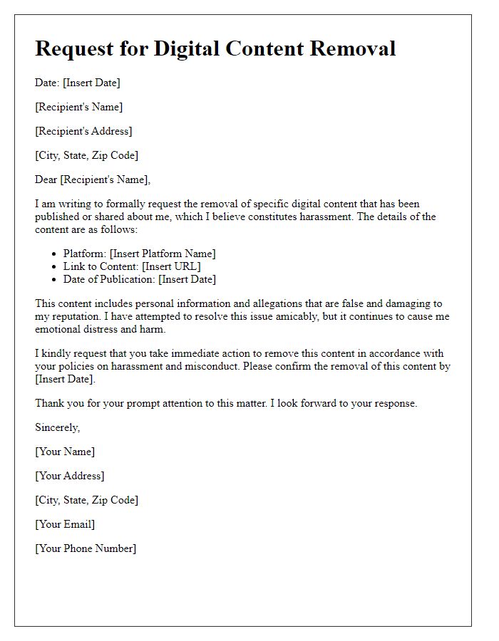 Letter template of digital content removal for harassment issues.