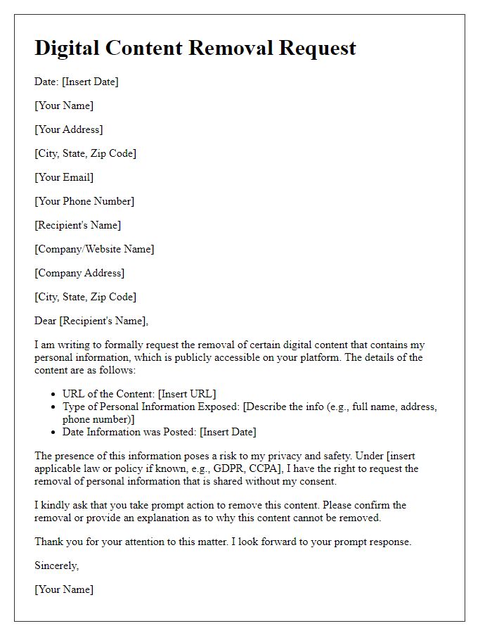 Letter template of digital content removal for personal information exposure.