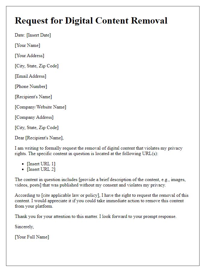 Letter template of digital content removal for privacy violation.