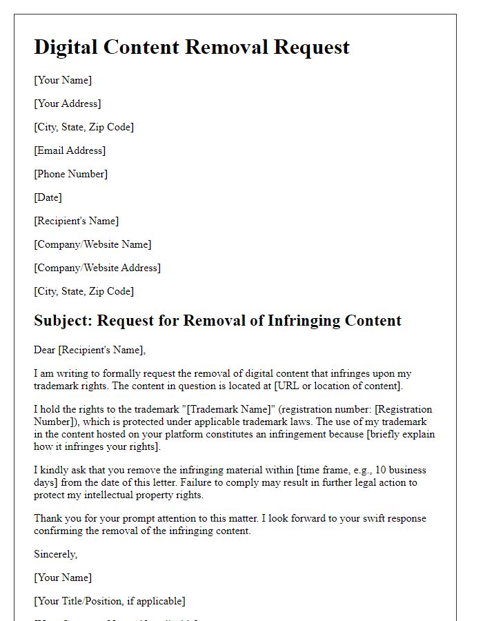 Letter template of digital content removal for trademark infringement.