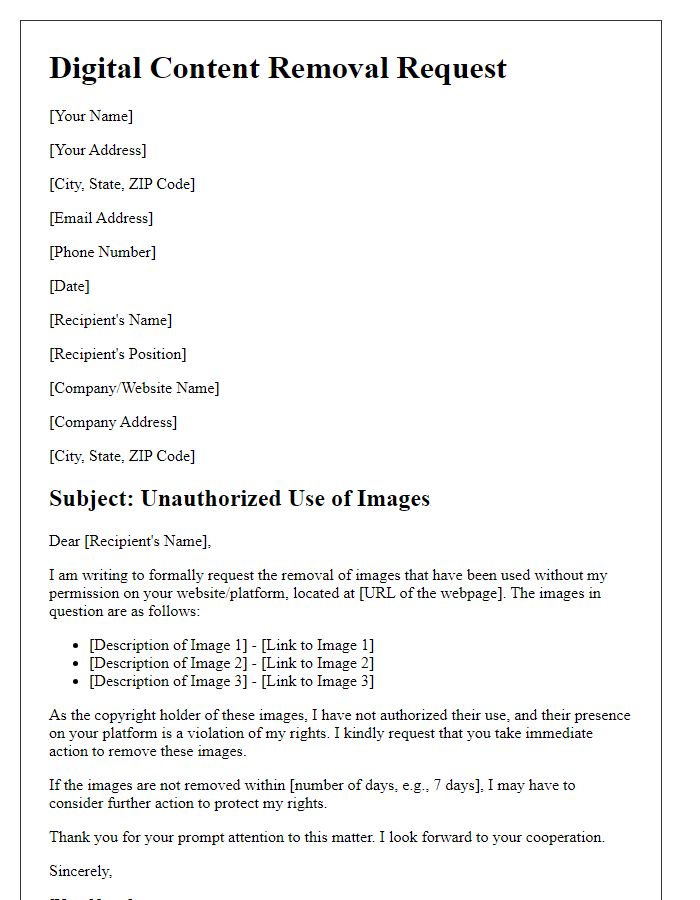 Letter template of digital content removal for unauthorized use of images.