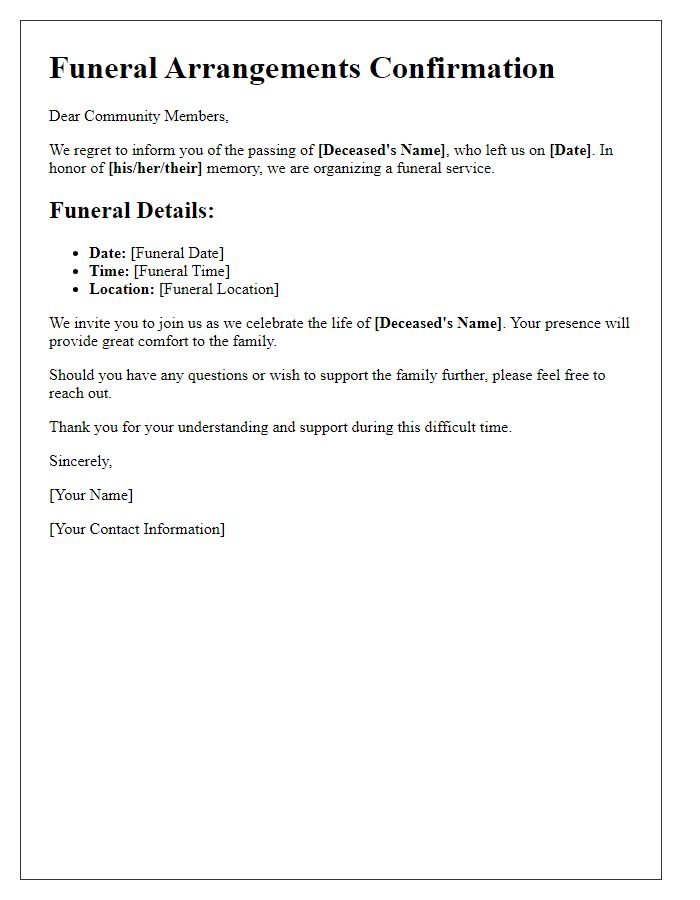 Letter template of funeral arrangements confirmation for community members.