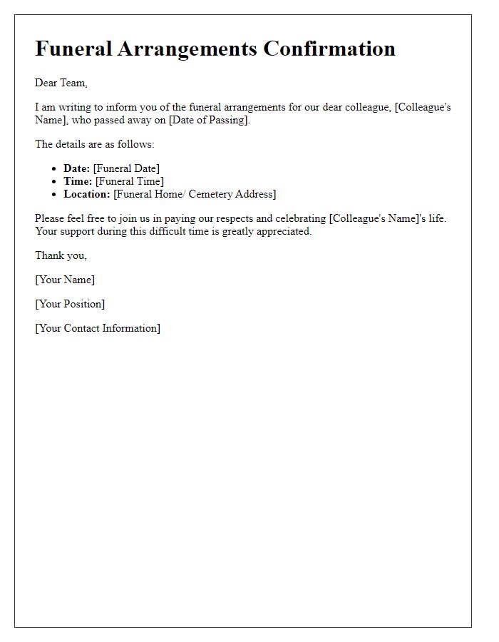 Letter template of funeral arrangements confirmation for coworkers.