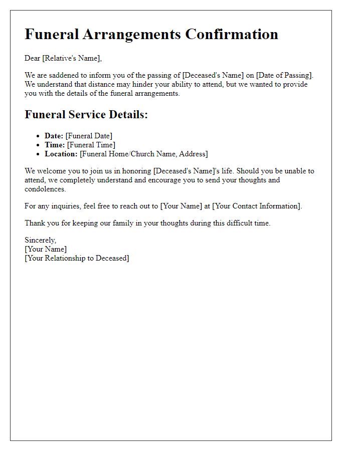 Letter template of funeral arrangements confirmation for distant relatives.