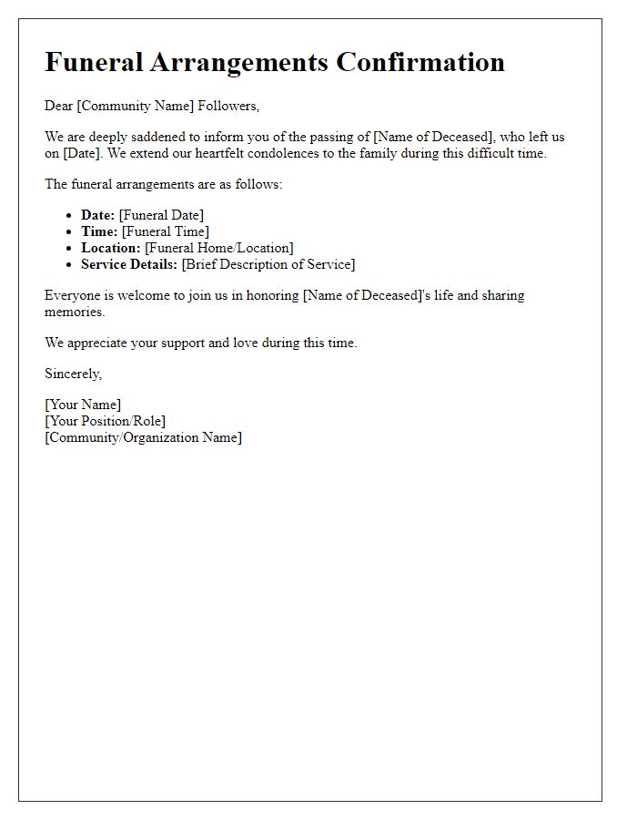 Letter template of funeral arrangements confirmation for online community followers.