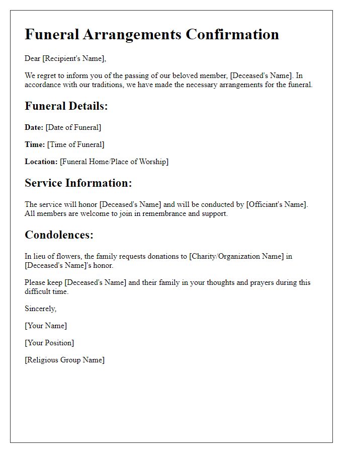 Letter template of funeral arrangements confirmation for religious group members.