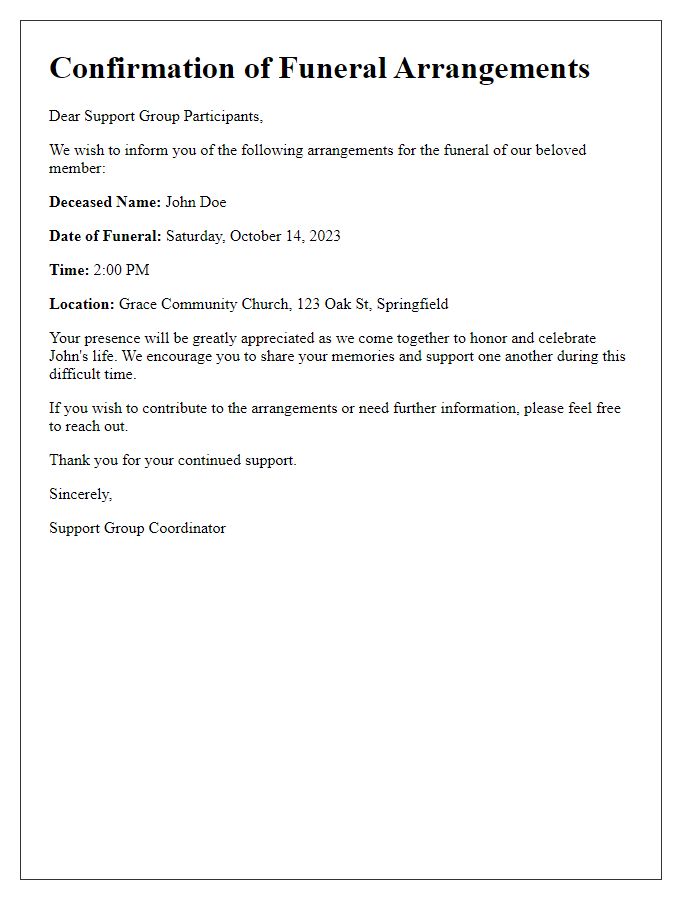 Letter template of funeral arrangements confirmation for support group participants.