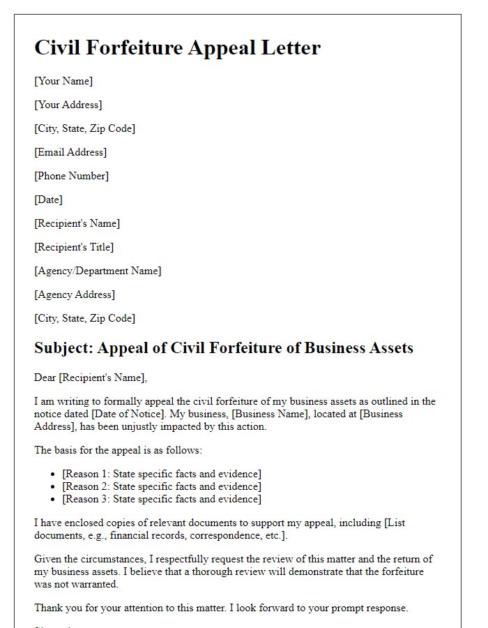 Letter template of civil forfeiture appeal for business assets