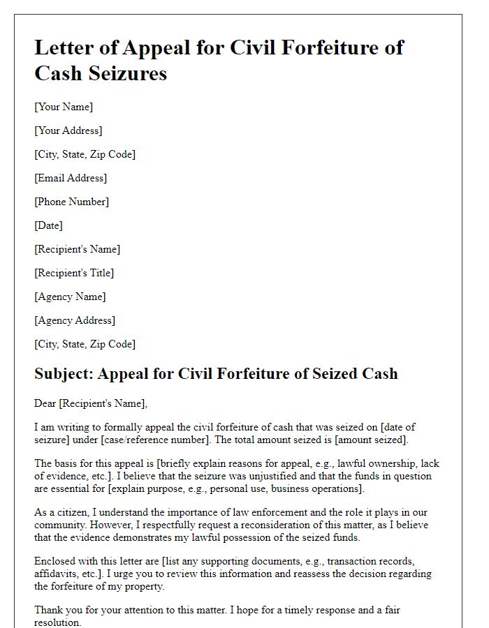 Letter template of civil forfeiture appeal for cash seizures