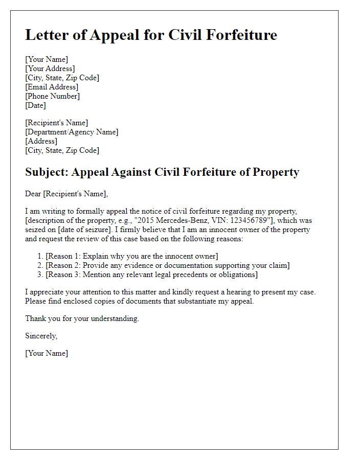 Letter template of civil forfeiture appeal for innocent owner defense