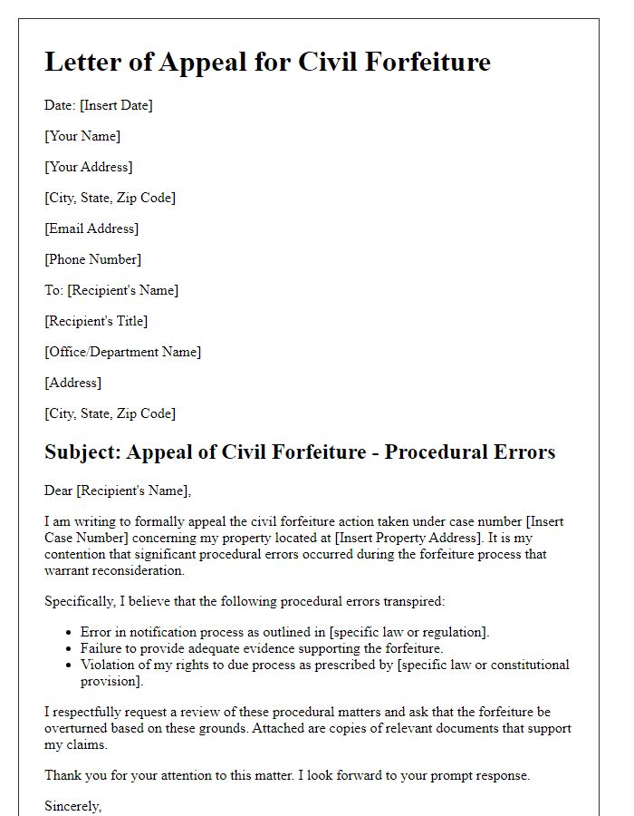 Letter template of civil forfeiture appeal for procedural errors