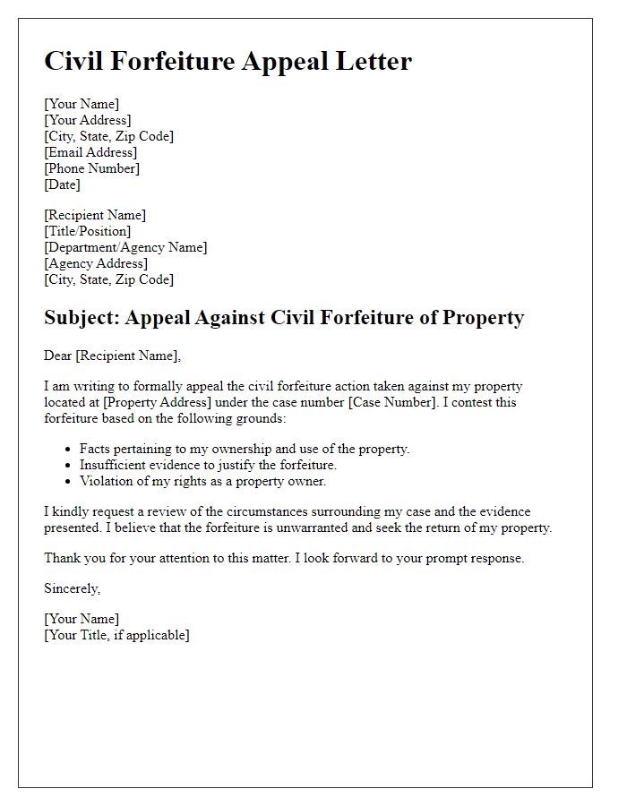 Letter template of civil forfeiture appeal for property owners