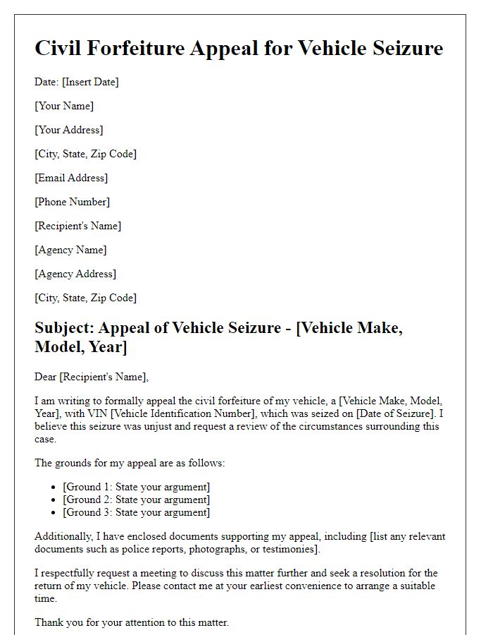 Letter template of civil forfeiture appeal for vehicle seizures