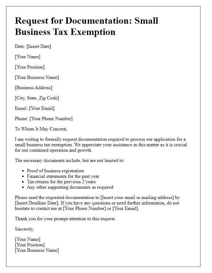 Letter template of documentation request for small business tax exemption