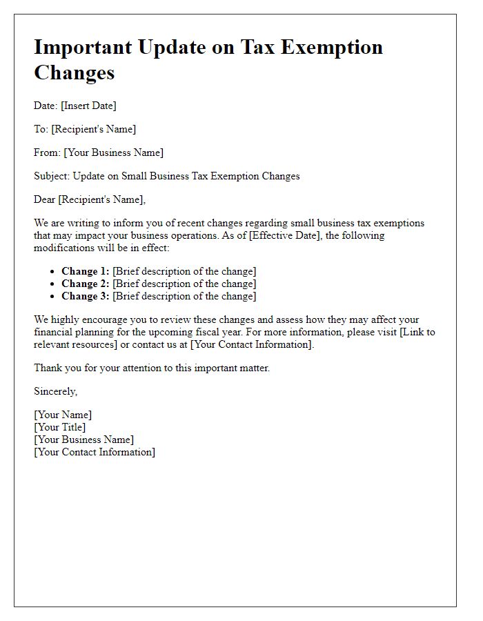 Letter template of update for small business tax exemption changes