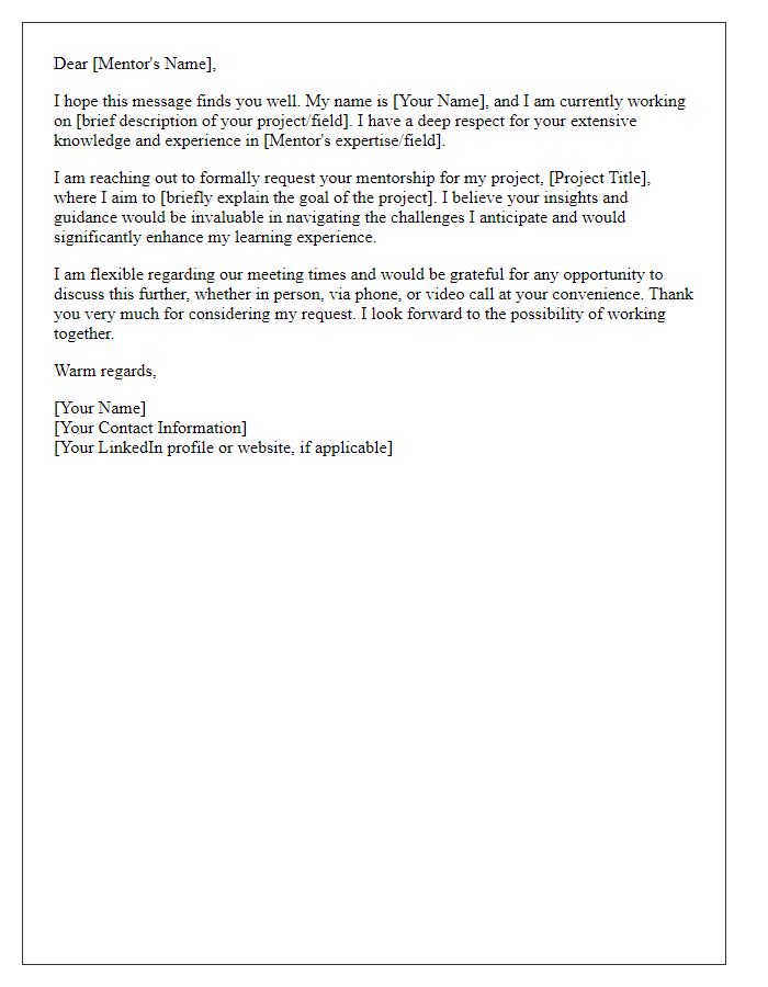 Letter template of formally asking for mentorship in a specific project