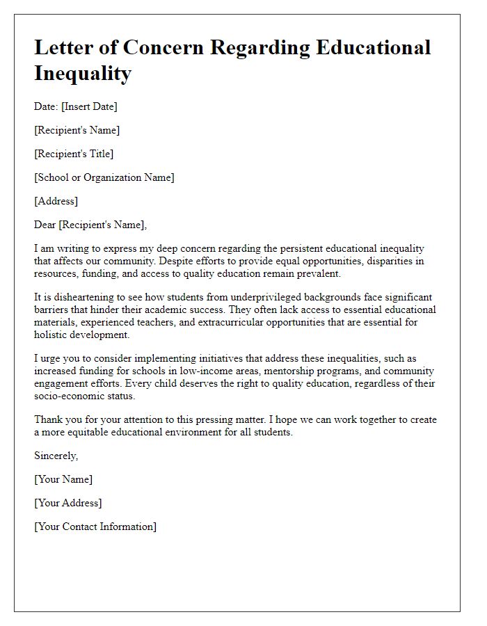 Letter template of concern regarding educational inequality