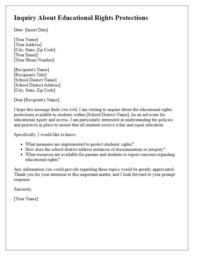 Letter template of inquiry about educational rights protections