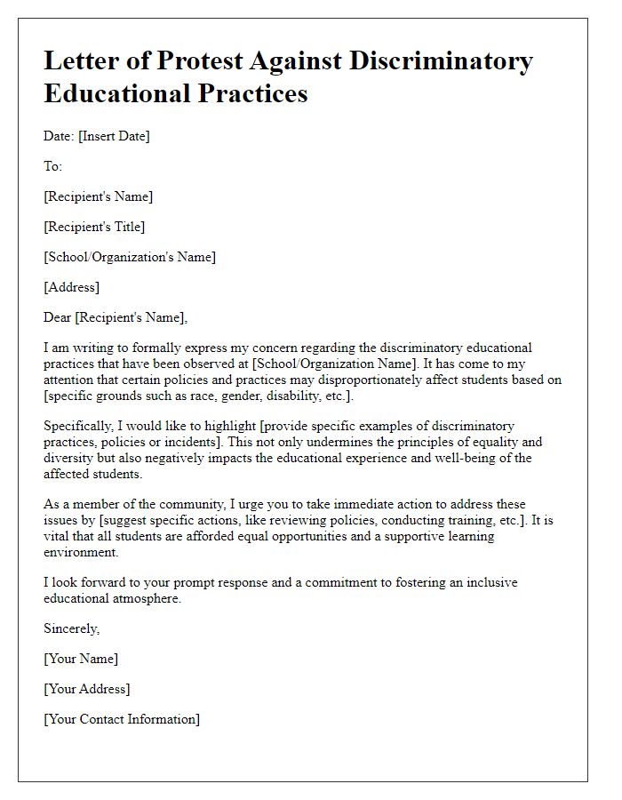 Letter template of protest against discriminatory educational practices