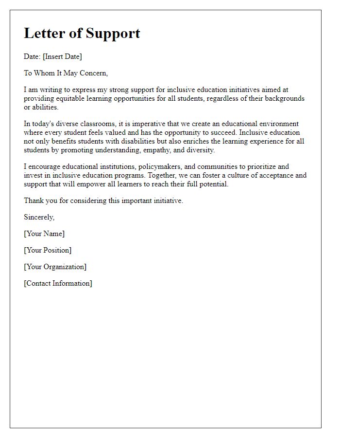 Letter template of support for inclusive education initiatives