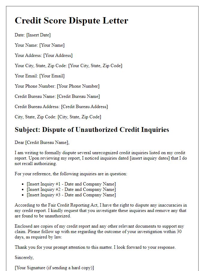 Letter template of credit score dispute about unrecognized credit inquiries.