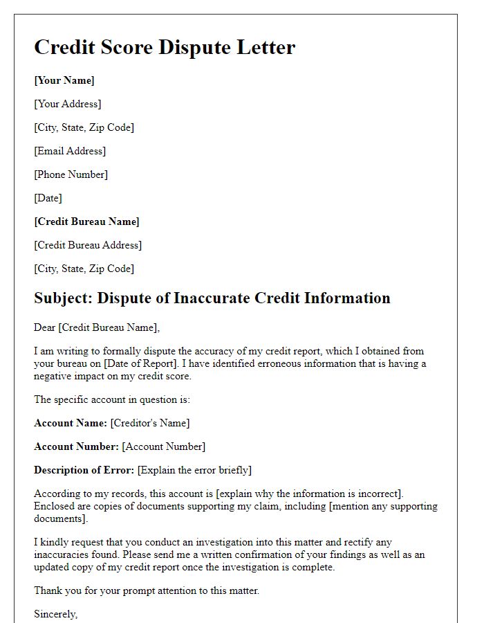 Letter template of credit score dispute due to erroneous account information.