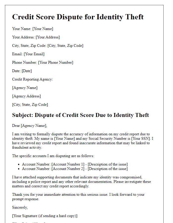 Letter template of credit score dispute for identity theft issues.